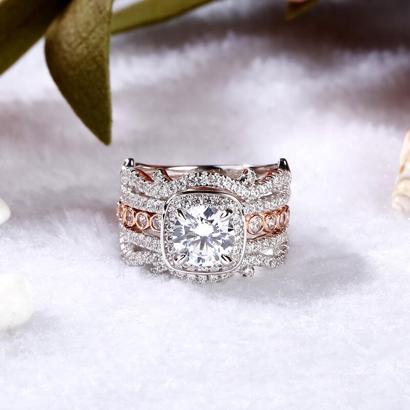 Jeulia Interchangeable Two Tone Halo Round Cut Sterling Silver Ring Set
