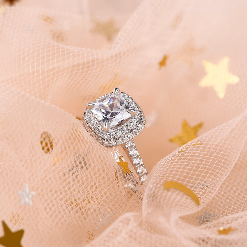 Jeulia Double Halo Cushion Cut Sterling Silver Ring