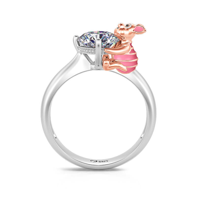 Jeulia Hug Me "Keep Innocence" Pink Pig Round Cut Sterling Silver Ring