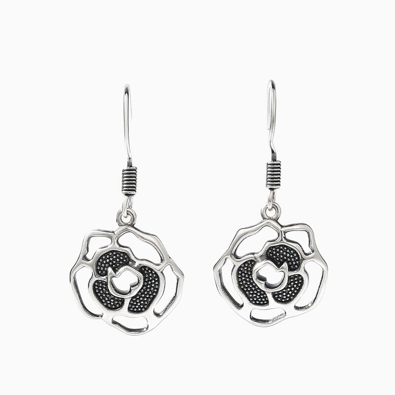 Jeulia Pendientes colgantes de flores de rosa de plata de ley