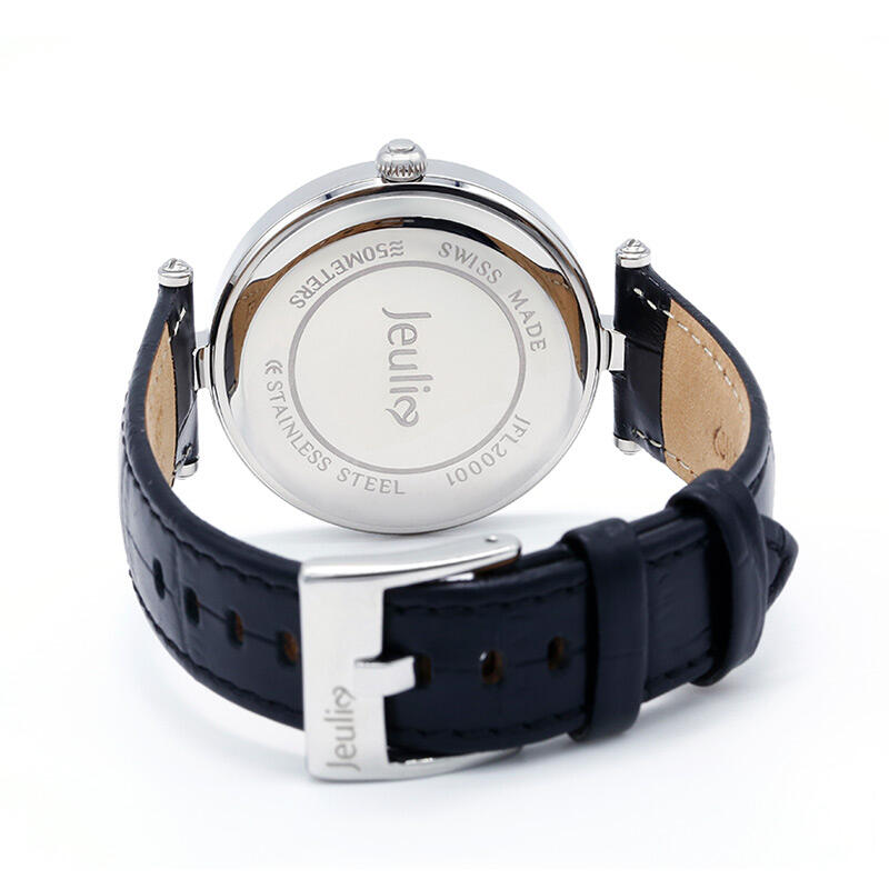 Jeulia "Wild and Free" Leopard Quartz Black Leather Watch with Silver-Tone Dial