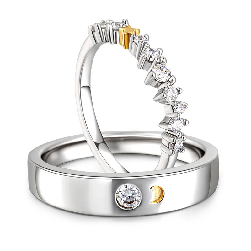 Jeulia Anillo pareja de luna y estrella de compromiso de plata de ley