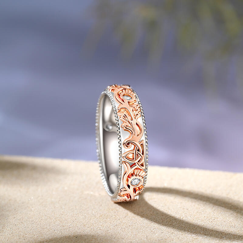 Jeulia Alliance Bague pour femme Deux tons Chardon et nœud celtique celtique Sculpté Unique Argent Sterling