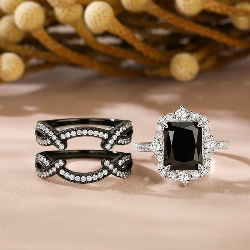 Jeulia Juego de Anillos de Compromiso Halo Radiante Negro Intercambiable y Trenzado