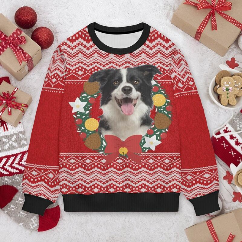 Personalized Ugly Sweater Unisex Custom Pet Head Photo Christmas Wreath Design Perfect Gift for Pet Lovers