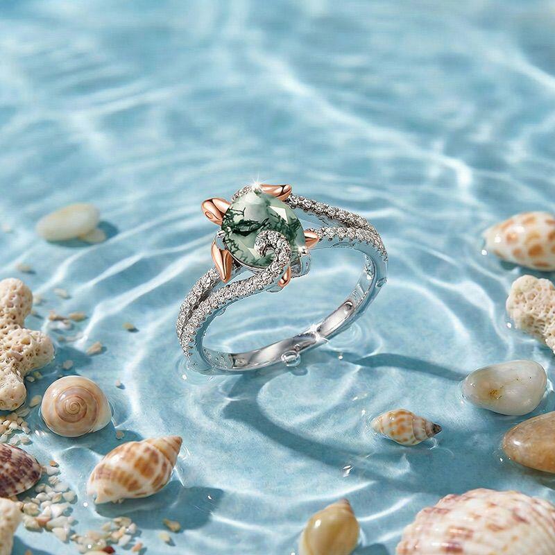 Hug Me Two Tone Sea Turtle Moss Agate Engagement Ring