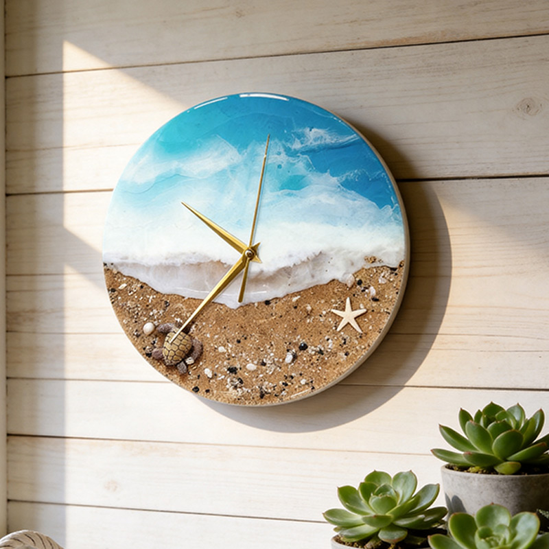 Starfish & Shells Inspired Marine Resin-Wood Wall Clock Artisan Coastal ...
