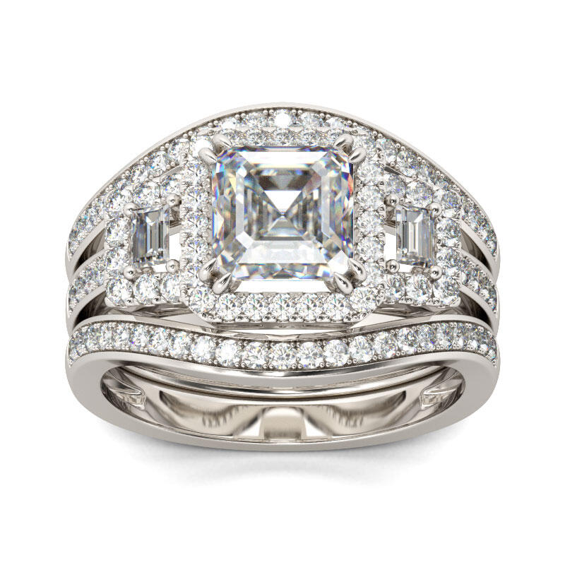 Jeulia Halo Three Stone Asscher Cut Sterling Silver Ring Set