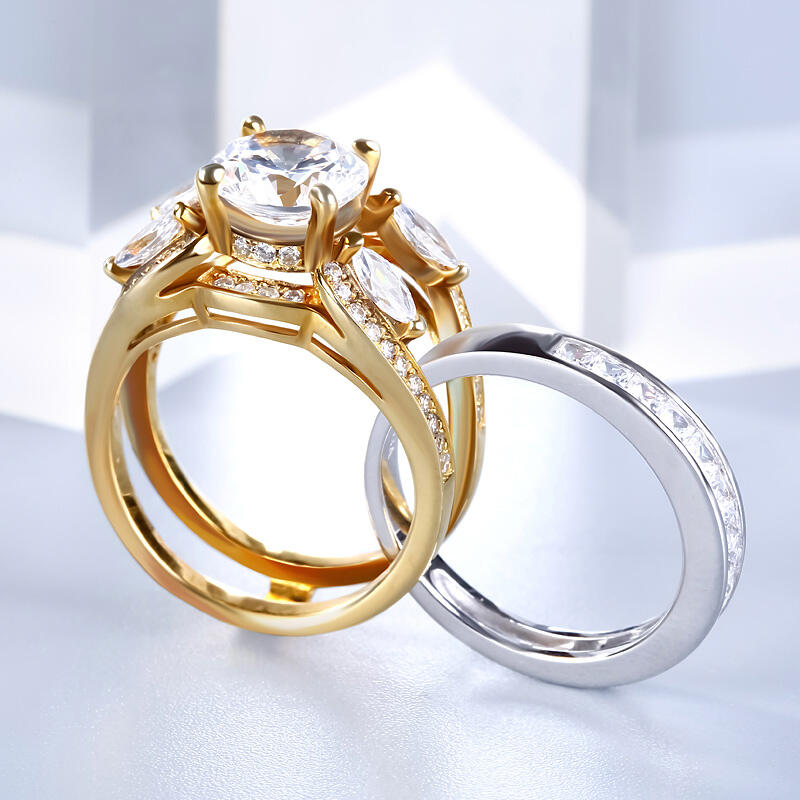 Jeulia Conjunto De Anillos Intercambiables Con Dos Tonos De Talla Redonda En Plata De Ley