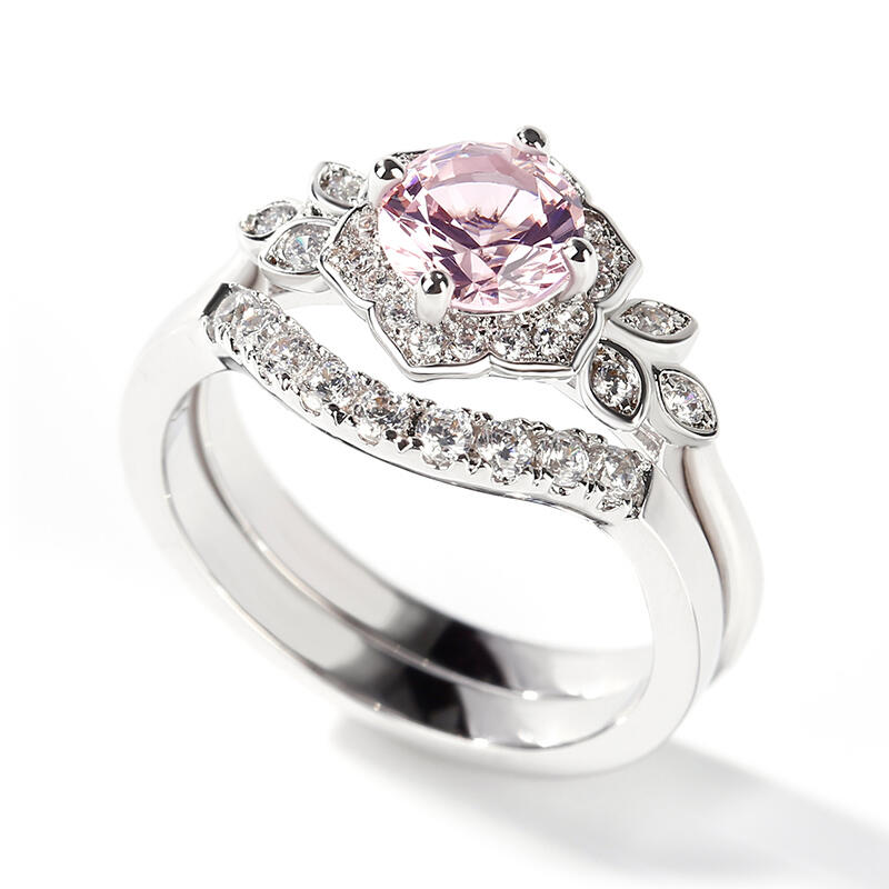 Jeulia Flower Design Round Cut Synthetic Morganite Sterling Silver Ring