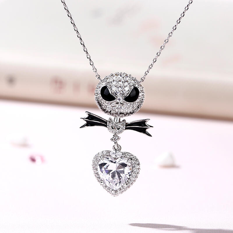 Jeulia "Bat Bow Tie" Skull Heart Cut Sterling Silver Necklace