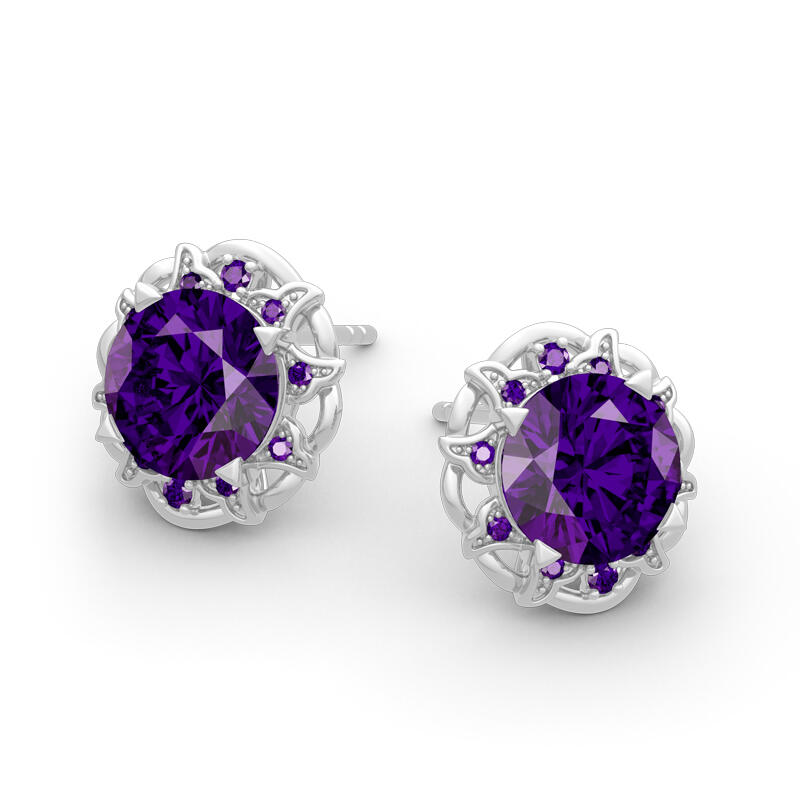 Jeulia Amethyst Flower Round Cut Sterling Silver Stud Earrings