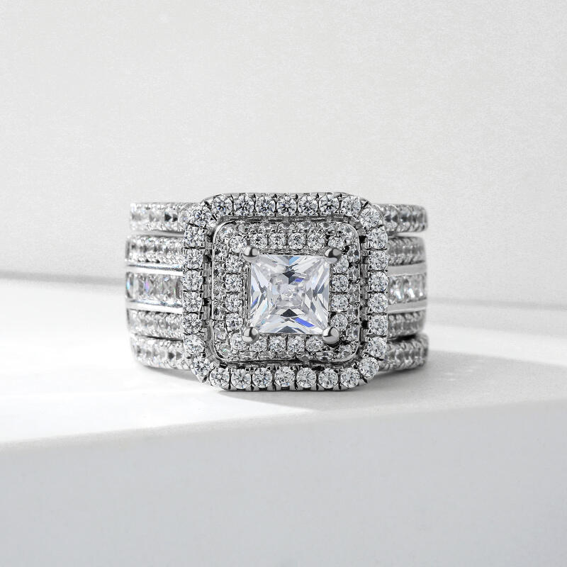 Jeulia Three Halo Princess Cut Sterling Silver Enhancer Ring Set