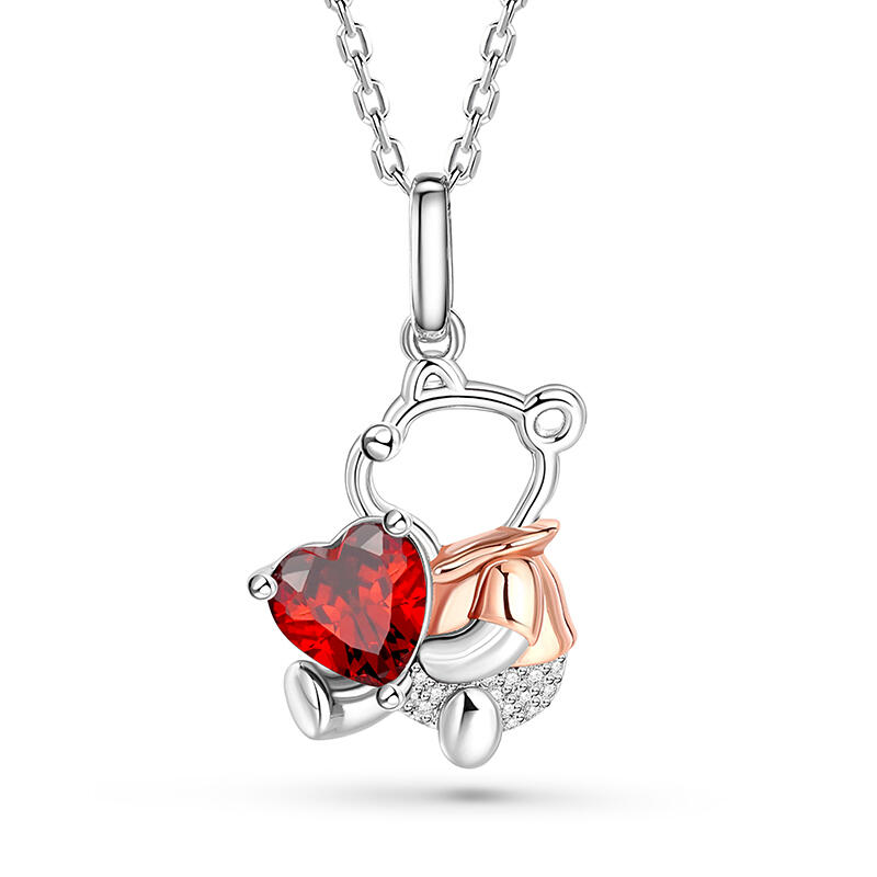 Jeulia Hug Me "Cute Bear" Heart Cut Personalized Sterling Silver Necklace with Birthstone
