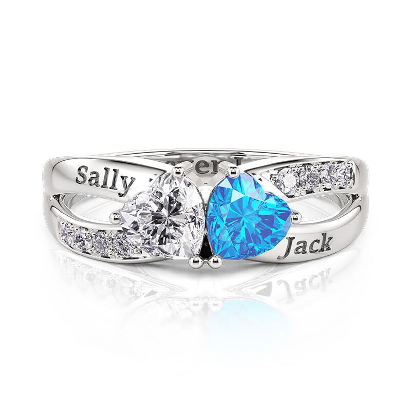 Jeulia Anillo con Dos Corazones Personalizado con Piedras de Nacimiento Diseño Trenzado Simple