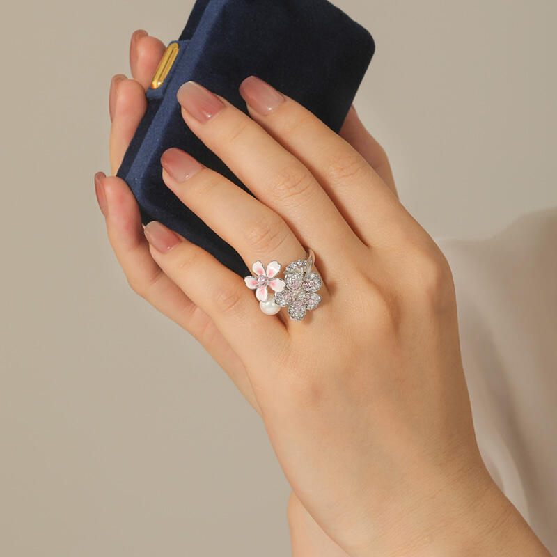 Jeulia Cherry Blossoms Gradient Pink Enamel Ring with Pearl