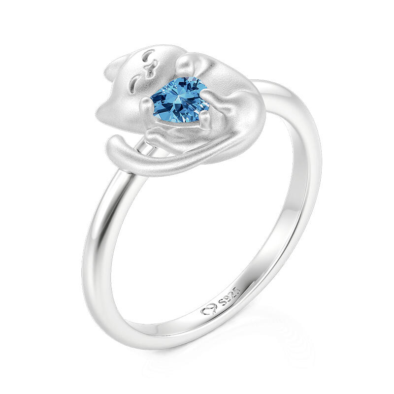 Jeulia Anel Fofo Gato com Pedra Azul em Forma de Coração