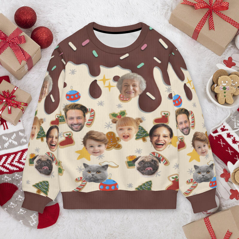 Suéter feo personalizado unisex con foto de cara personalizada, estilo postre, diseño divertido, regalo de Navidad para la familia