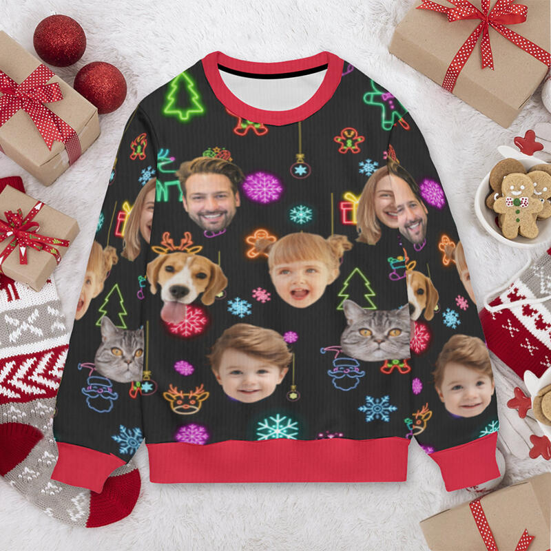 Gepersonaliseerde lelijke trui Unisex Op maat gemaakte foto Glanzend patroon Ontwerp Kerstcadeau voor het gezin