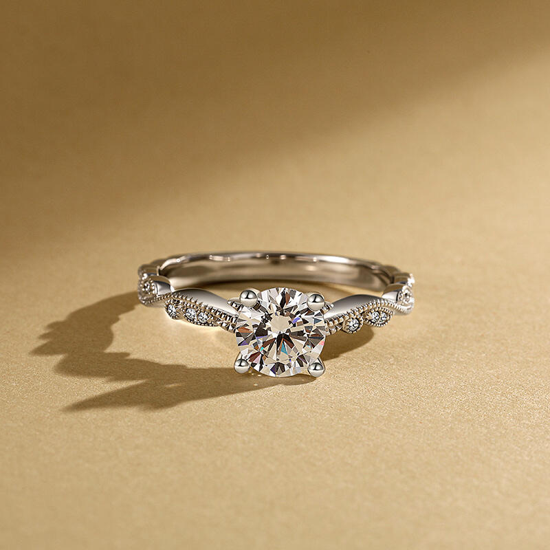 Jeulia Custom Botanical Leaf Beaded Round Engagement Ring