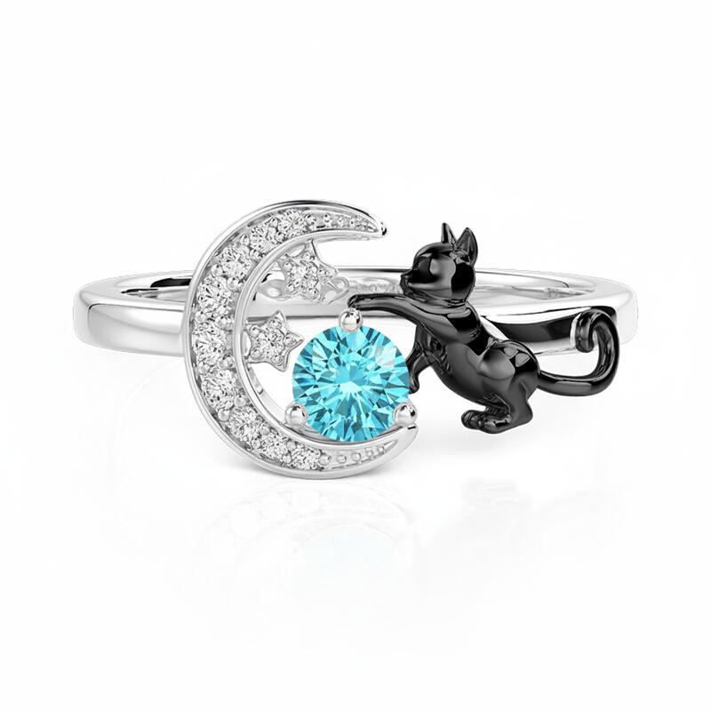 Jeulia Custom Black Cat Moon and Star Ring With Birthstone