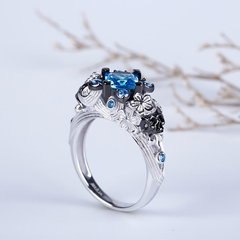 Jeulia Flower Design Princess Cut Sterling Silver Two Skull Ring