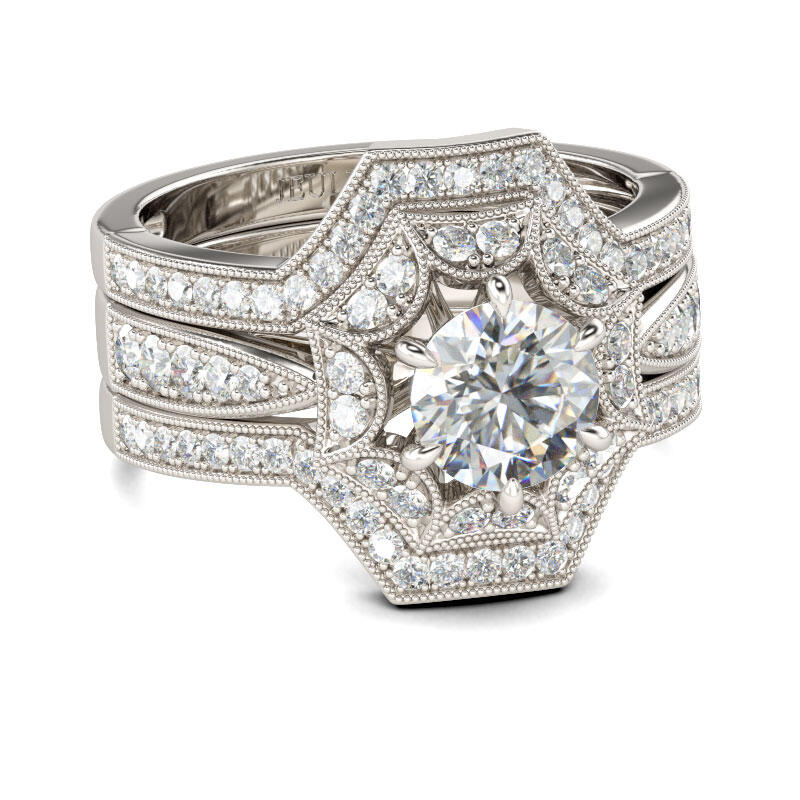 Jeulia Terno De Anillos Con Arte Adorno De Talla Redonda En Plata De Ley