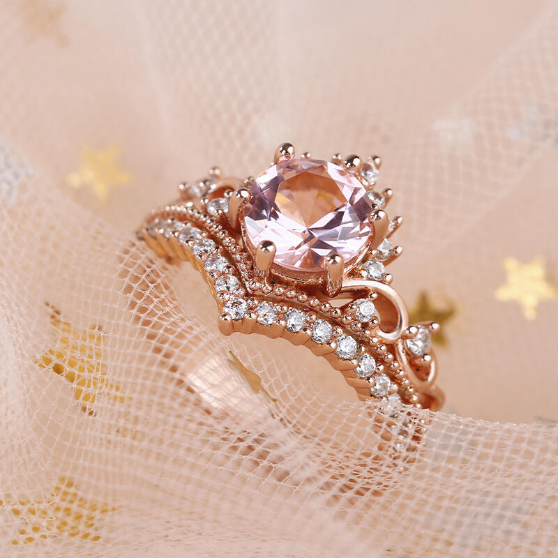 Jeulia Crown Design Round Cut Synthetic Morganite Sterling Silver Ring