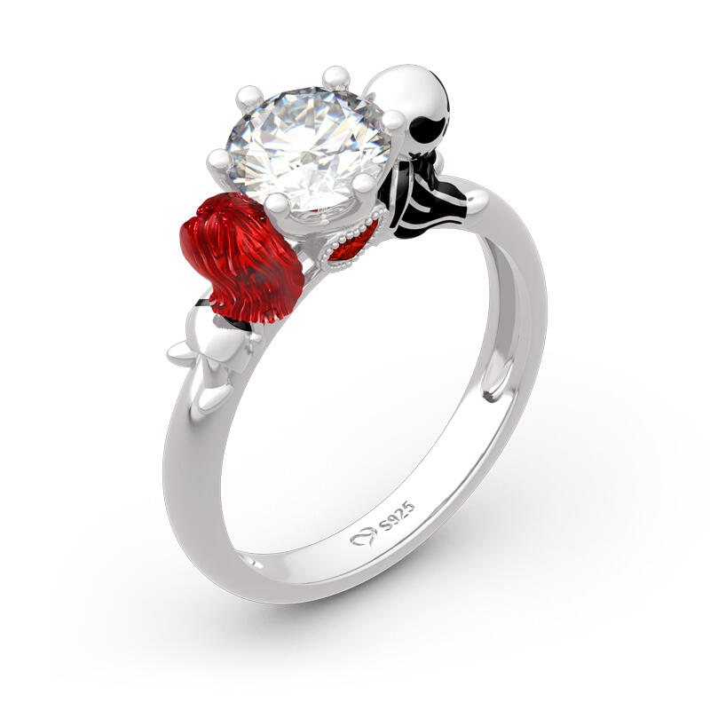 Jeulia Hug Me "Magic of Love" Skull Couple Round Cut Sterling Silver Ring