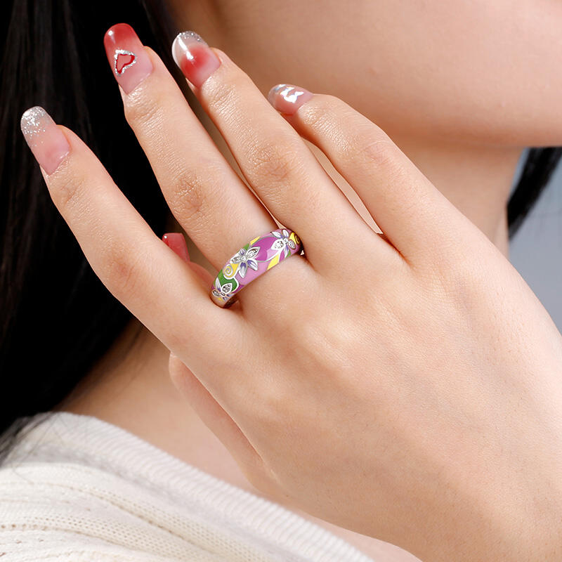 Jeulia "Charming Flower" Multicolored Enamel Sterling Silver Women's Band
