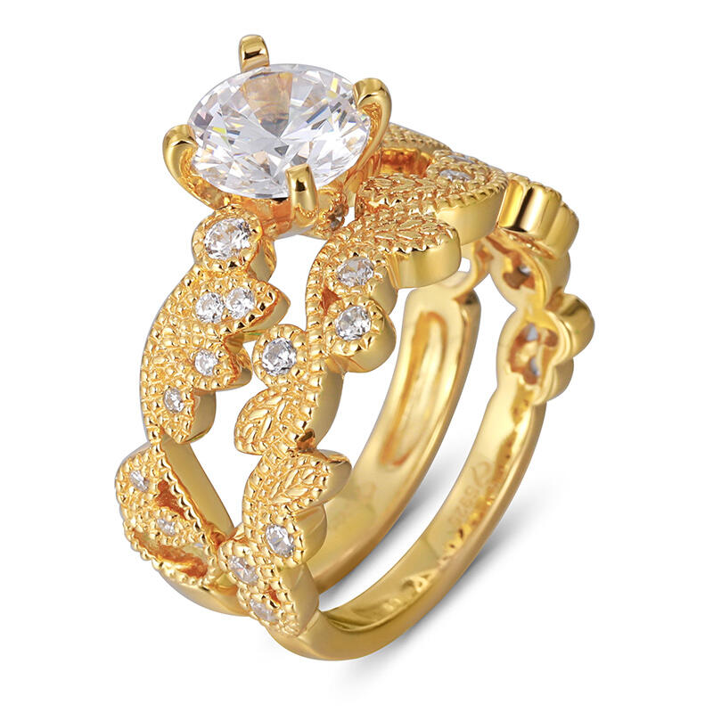 Jeulia Leaf-shaped Design Round Cut Sterling Silver Ring Set