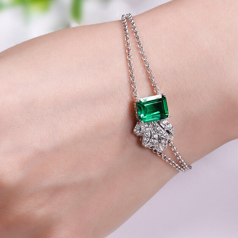 Jeulia Leaf Design Emerald Cut Sterling Silver Bracelet
