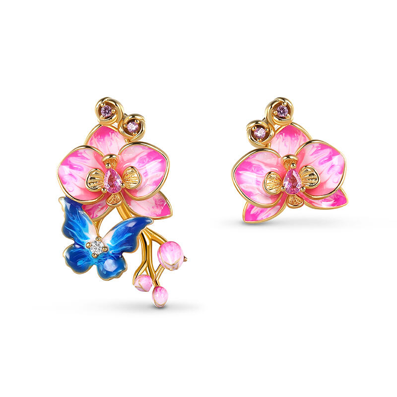 Jeulia バタフライ フラワー 蝶 花 エナメル シルバー スタッド ピアス