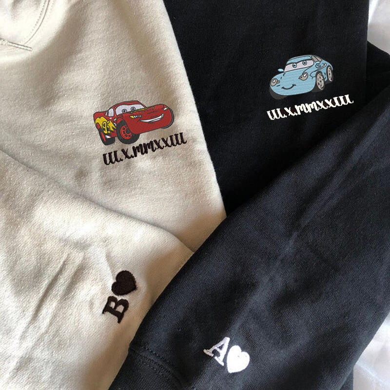 Personalized Hoodie Embroidered Cars Mcqueen and Sally with Custom Roman Numeral Date for Couple's Anniversary