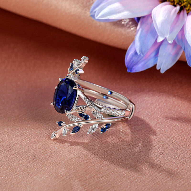 Jeulia Vintage Cubic Leaf Sapphire Ring Set