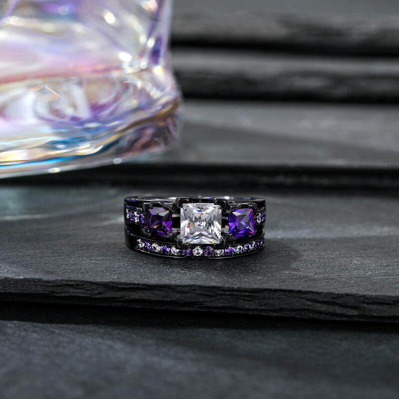 Jeulia Three Stone Princess Cut Sterling Silver Ring Set