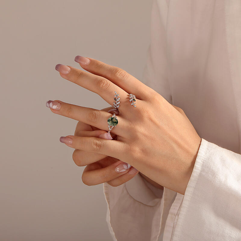 Jeulia Nature Inspired Vine Leaf Moss Agate Ring Set 2PCS