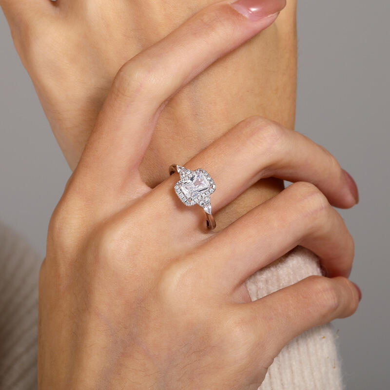 Jeullia Three Stone Radiant Cut Halo Engagement Ring