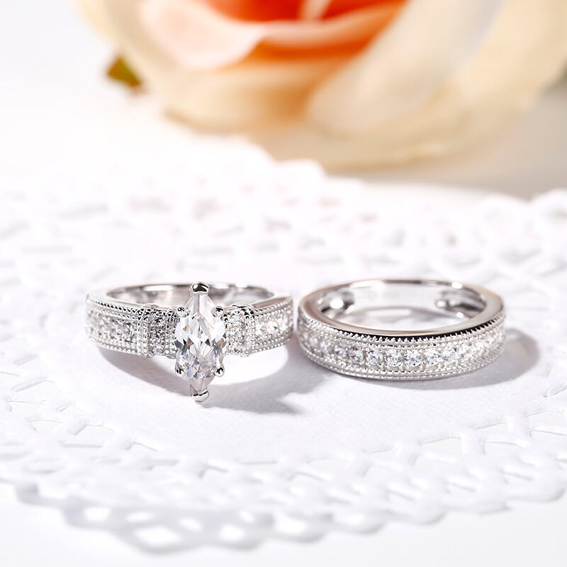 Jeulia Art Deco Milgrain Marquise Cut Sterling Silver Ring Set