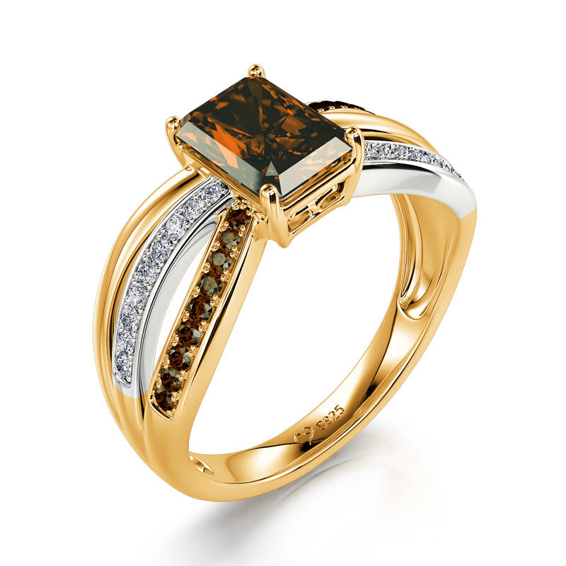 Jeulia "Delicious Coffee" Two Tone Crossover Emerald Cut Sterling Silver Ring
