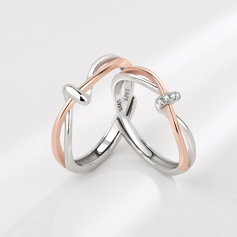 Jeulia Two Tone Knot Design Sterling Silver Adjustable Couple Rings