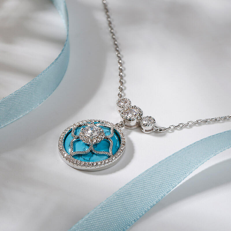 Jeulia "Lucky Choice" Flower Turquoise Sterling Silver Necklace