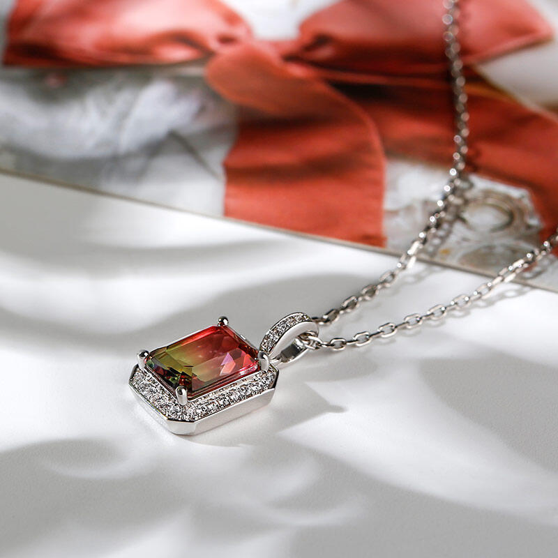 Jeulia "One of a Kind" Emerald Cut Sterling Silver Watermelon Necklace