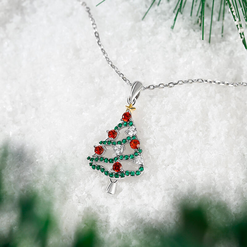 Jeulia "Happy Christmas" Christmas Tree Sterling Silver Necklace