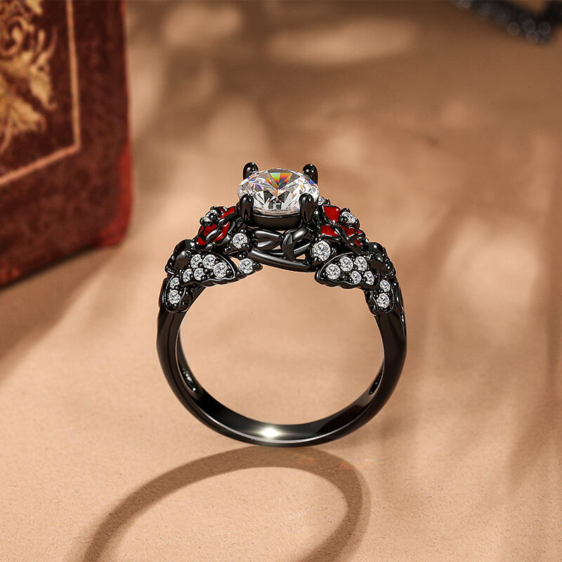 Jeulia Rose and Butterfly Black Skull Ring Sterling Silver