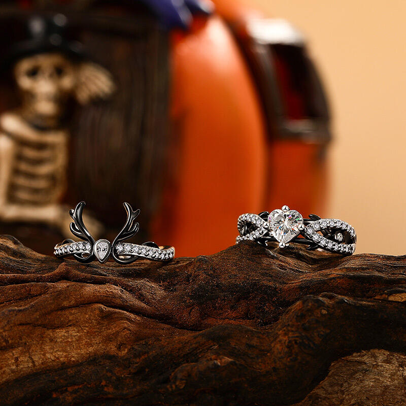 Jeulia Juego de 2 Anillos Corazón Espina Negro Gótico