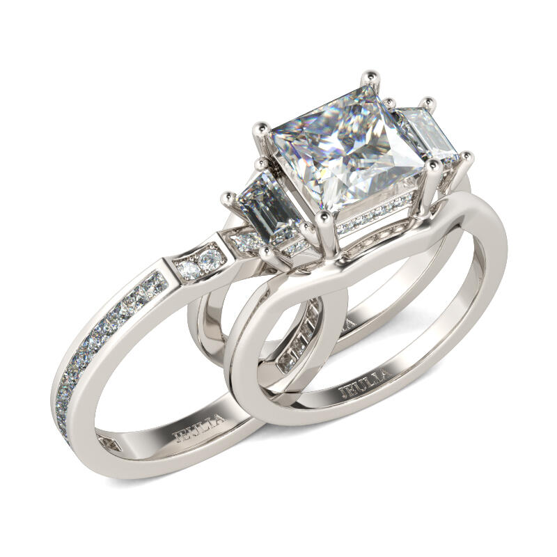 Jeulia Three Stone Princess Cut Sterling Silver Ring Set