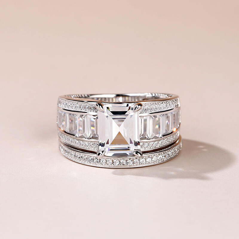 Jeulia Emerald Cut Sterling Silver Ring Set