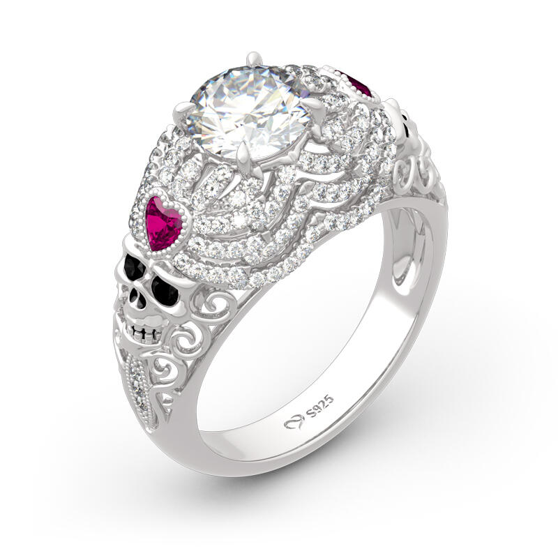 Jeulia Vintage Round Cut Heart Sterling Silver Skull Ring