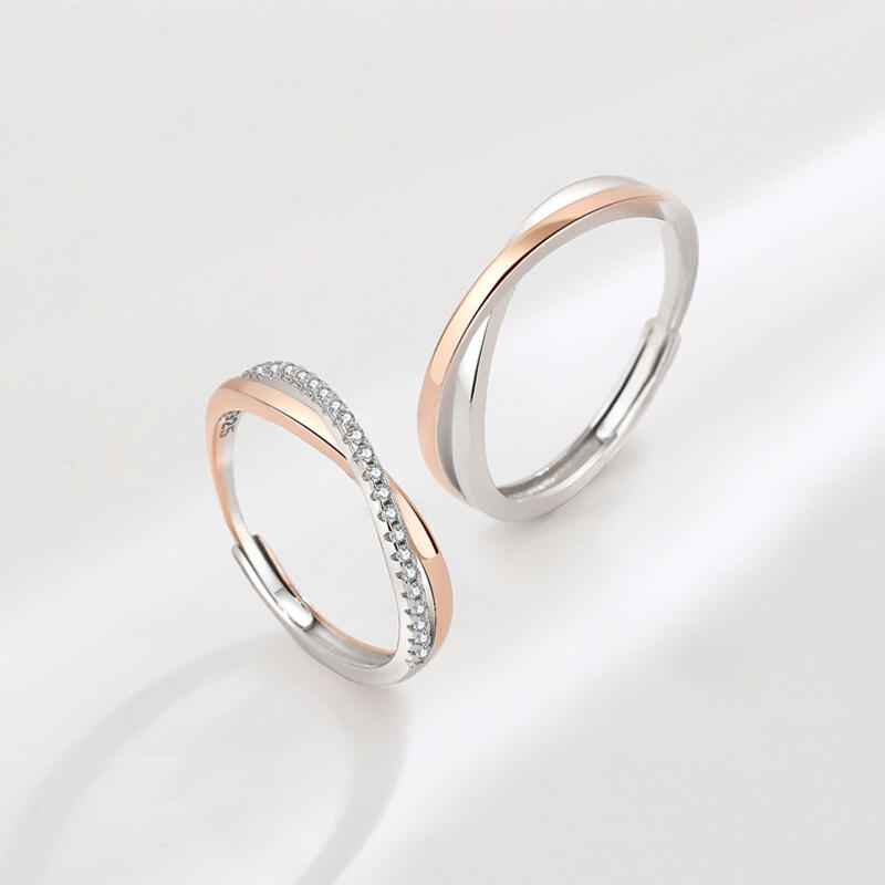 Jeulia Two Tone Crossover Sterling Silver Adjustable Couple Rings